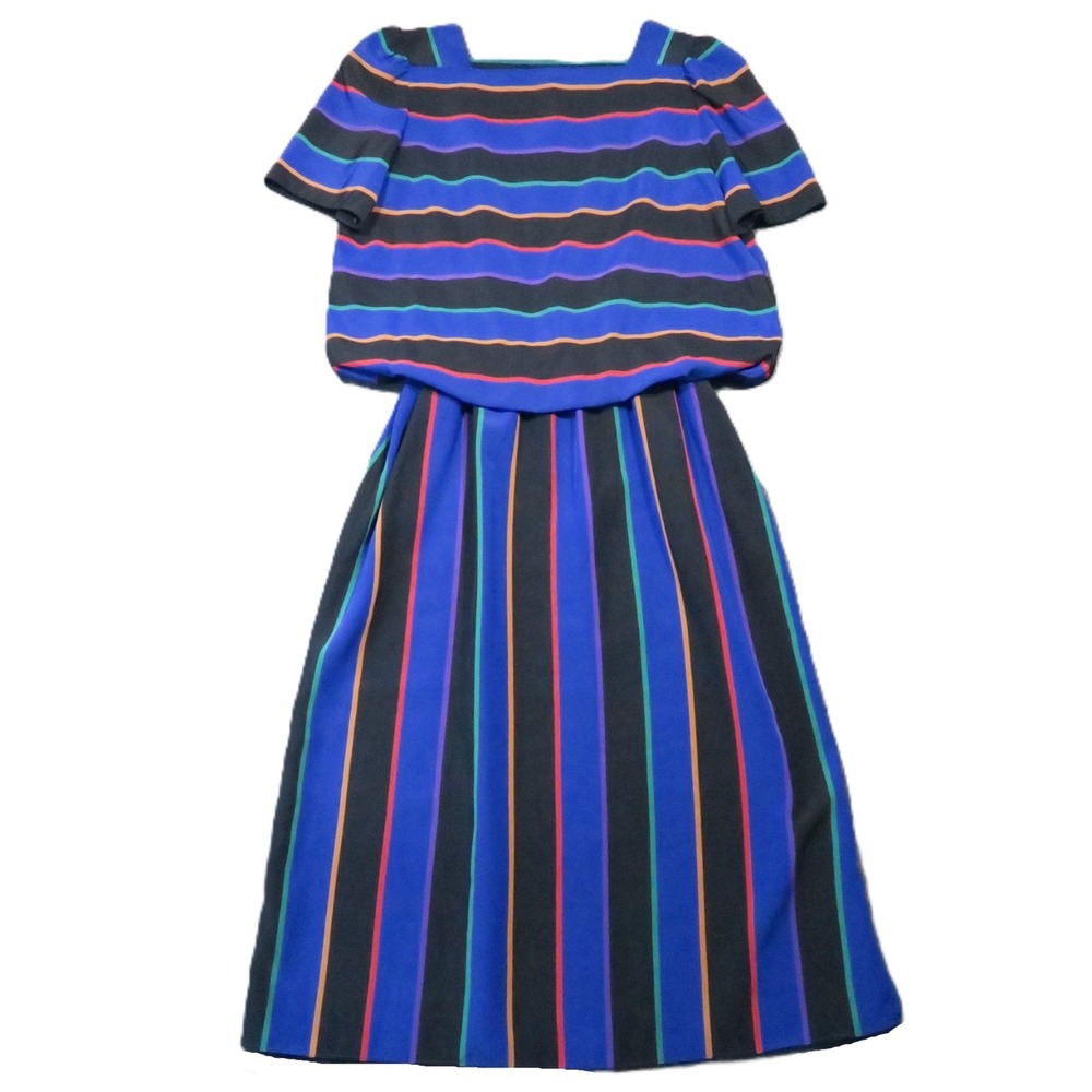 Vintage 80s Blouson Midi Dress 10/11 Blue Black Striped Square Neck Retro Office